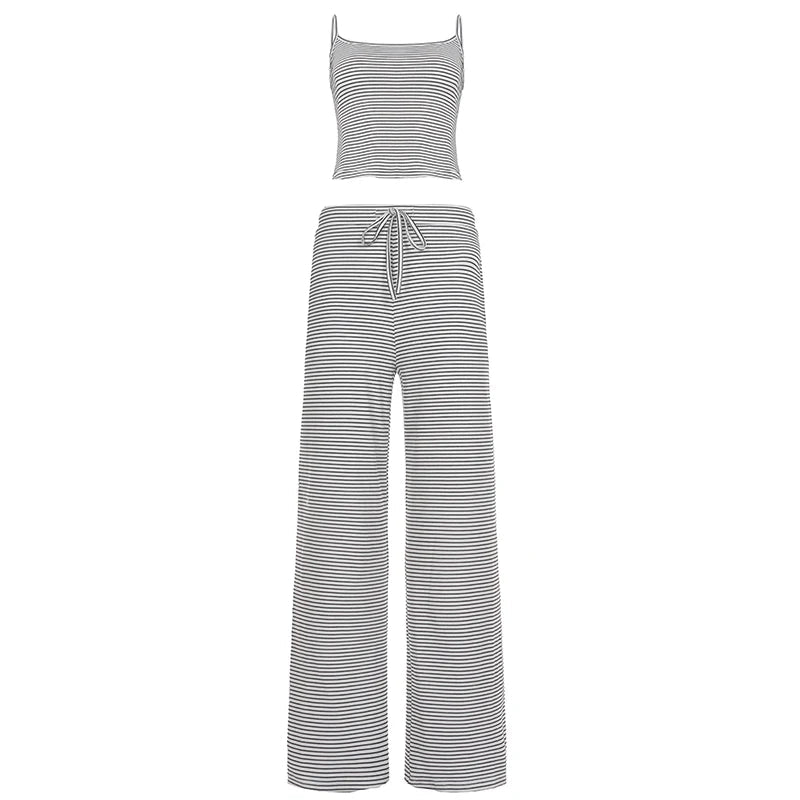 New Summer Casual Knitting Sleepwear Set for Women Short Striped Sleeveless Vest Lace - up Skinny Fit Pants 2 - Piece - Zeprah