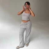 New Summer Casual Knitting Sleepwear Set for Women Short Striped Sleeveless Vest Lace - up Skinny Fit Pants 2 - Piece - Zeprah