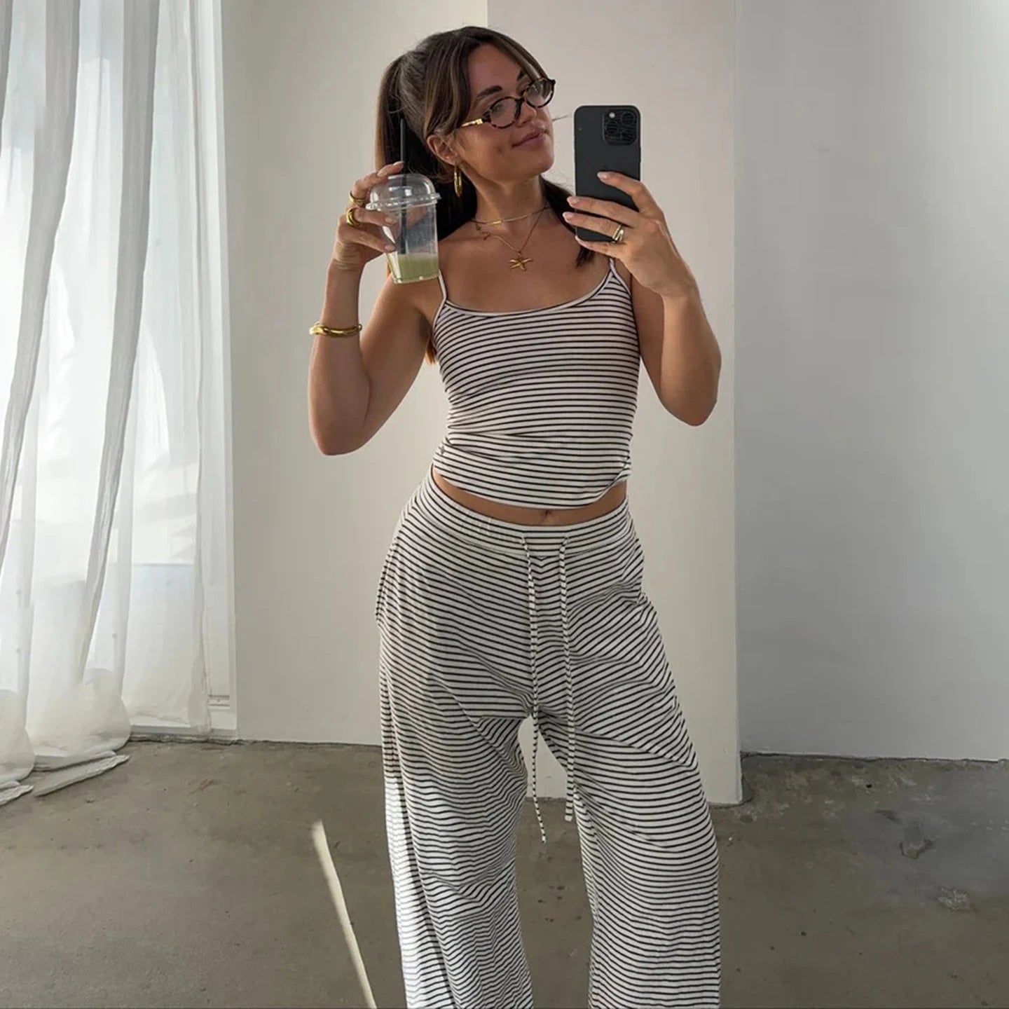 New Summer Casual Knitting Sleepwear Set for Women Short Striped Sleeveless Vest Lace - up Skinny Fit Pants 2 - Piece - Zeprah