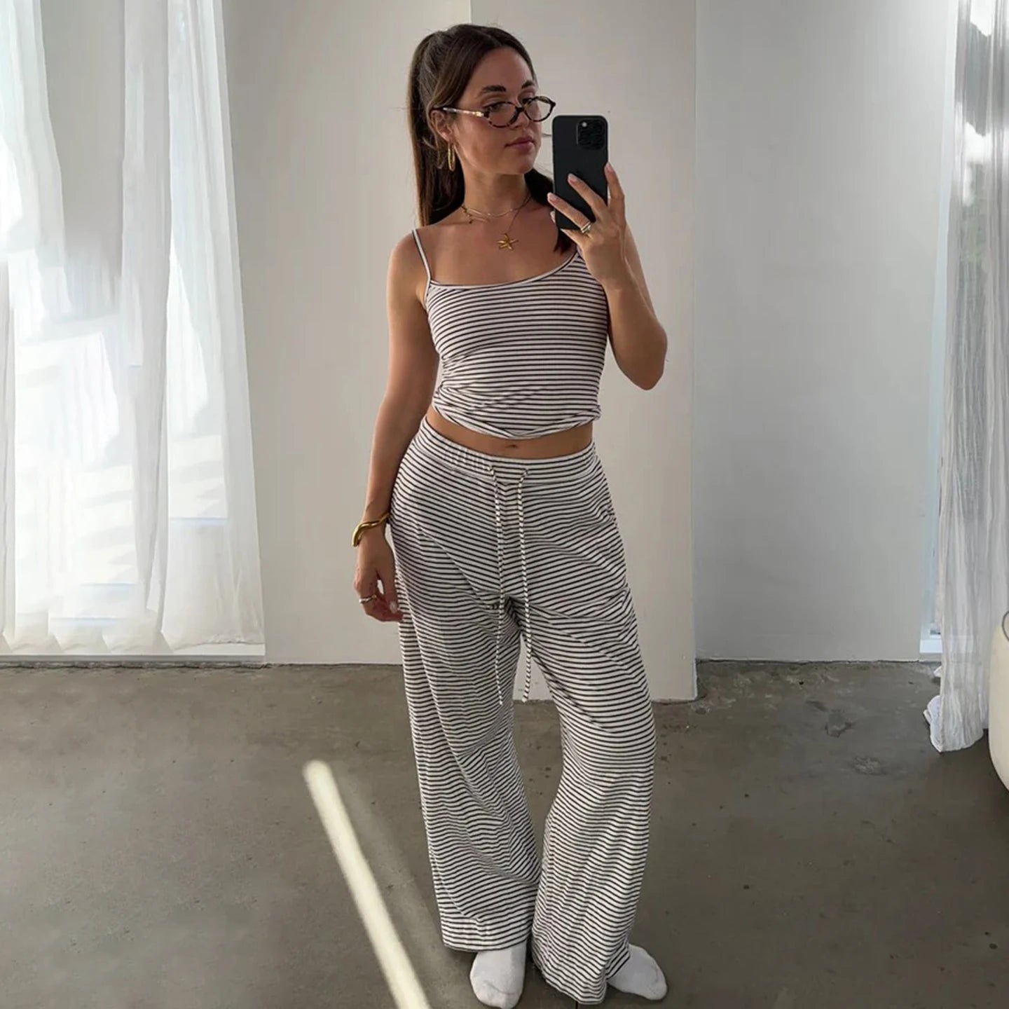 New Summer Casual Knitting Sleepwear Set for Women Short Striped Sleeveless Vest Lace - up Skinny Fit Pants 2 - Piece - Zeprah