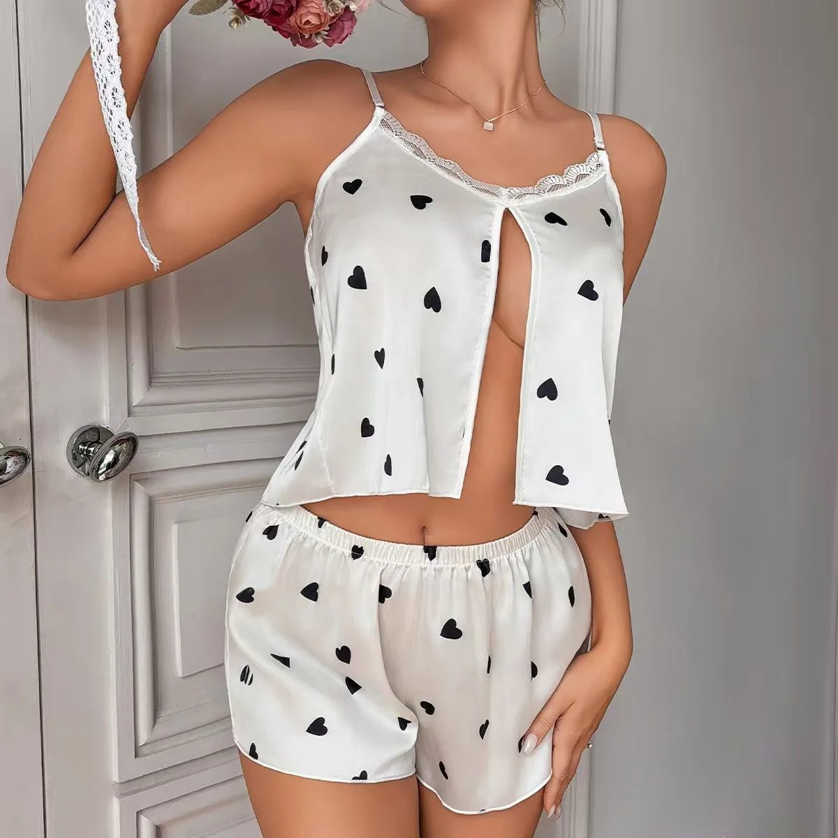 New Summer Lace Camisole Shorts Set Breathable Elastic Waist Casual Women's Pajamas Loungewear - Zeprah