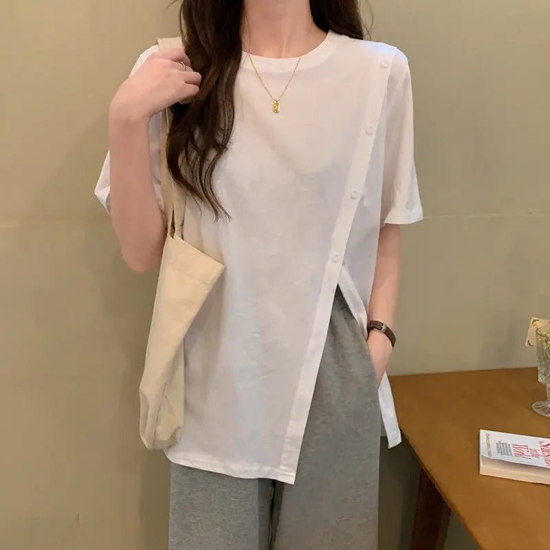 New Summer T-shirt Women's Solid Color French Style Split Irregular Loose Mid - length Women's Short - sleeved T-shirt - Zeprah