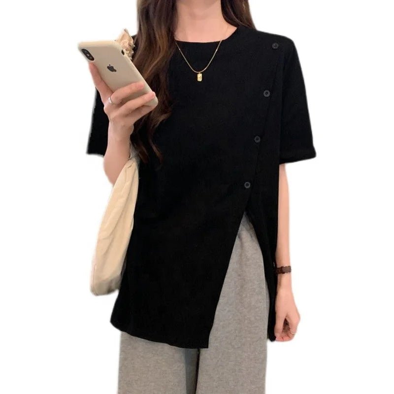 New Summer T-shirt Women's Solid Color French Style Split Irregular Loose Mid - length Women's Short - sleeved T-shirt - Zeprah