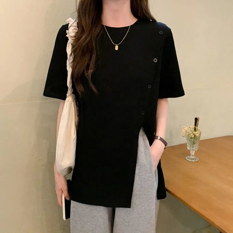 New Summer T-shirt Women's Solid Color French Style Split Irregular Loose Mid - length Women's Short - sleeved T-shirt - Zeprah