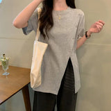 New Summer T-shirt Women's Solid Color French Style Split Irregular Loose Mid - length Women's Short - sleeved T-shirt - Zeprah
