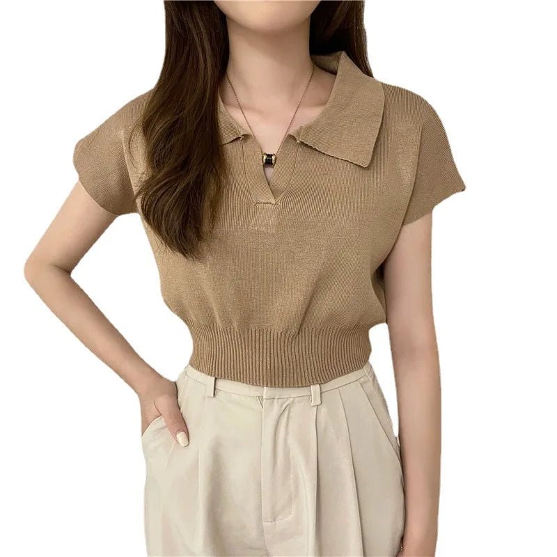 New Summer Trendy Simple Short - Sleeved V Neck T-Shirt Short Knitted High Waist Crop Top - Zeprah