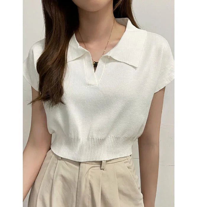 New Summer Trendy Simple Short - Sleeved V Neck T-Shirt Short Knitted High Waist Crop Top - Zeprah