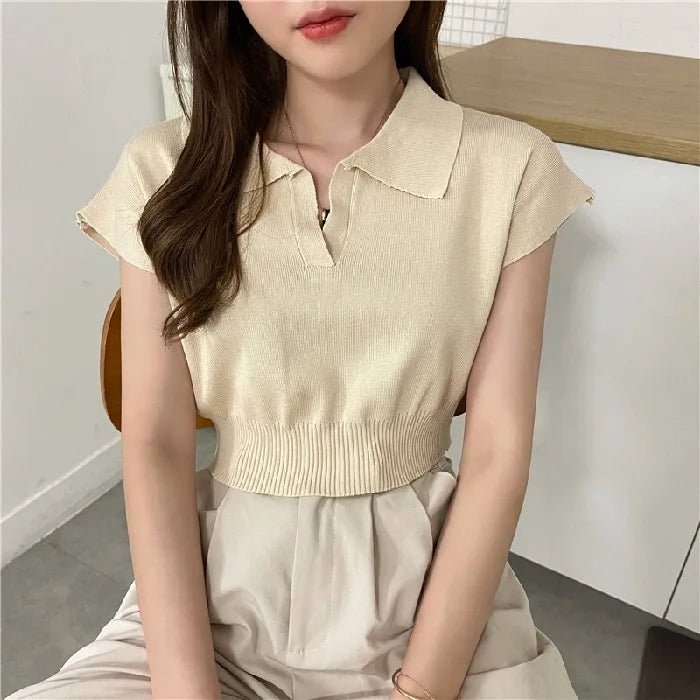 New Summer Trendy Simple Short - Sleeved V Neck T-Shirt Short Knitted High Waist Crop Top - Zeprah