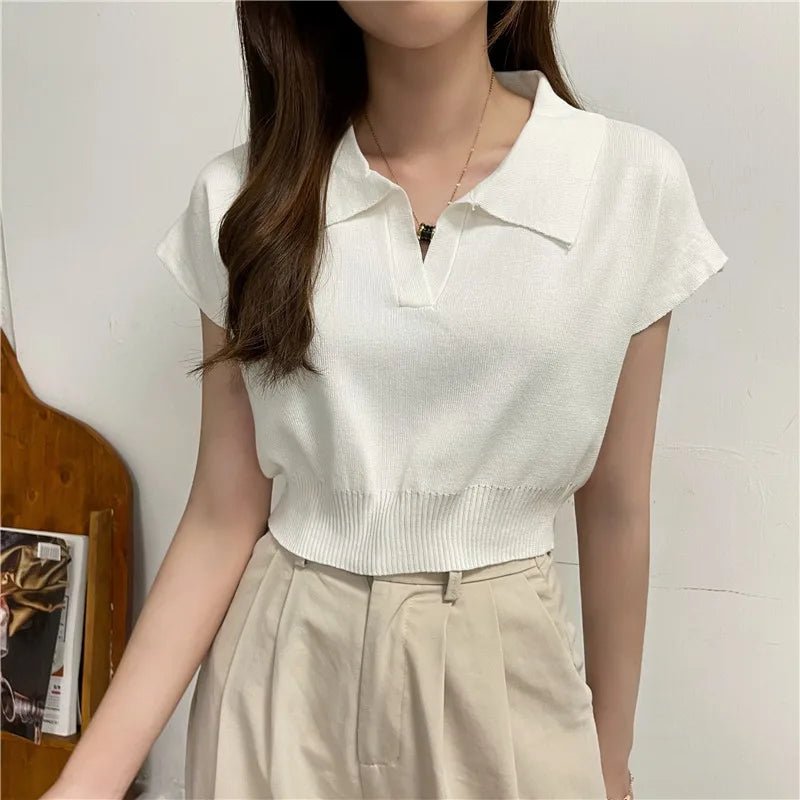 New Summer Trendy Simple Short - Sleeved V Neck T-Shirt Short Knitted High Waist Crop Top - Zeprah