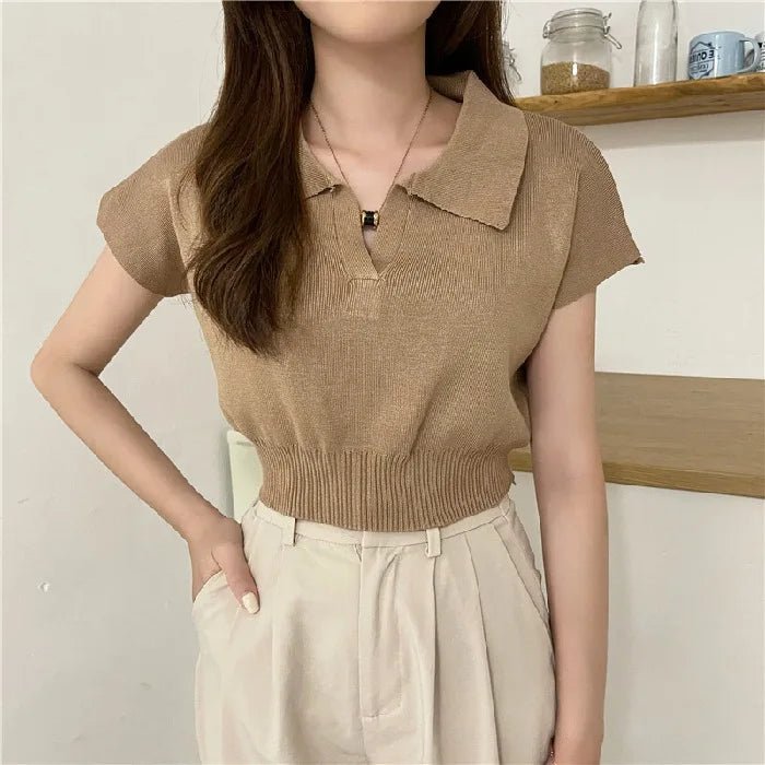 New Summer Trendy Simple Short - Sleeved V Neck T-Shirt Short Knitted High Waist Crop Top - Zeprah
