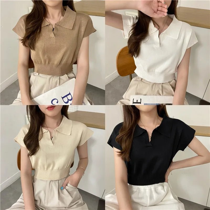 New Summer Trendy Simple Short - Sleeved V Neck T-Shirt Short Knitted High Waist Crop Top - Zeprah