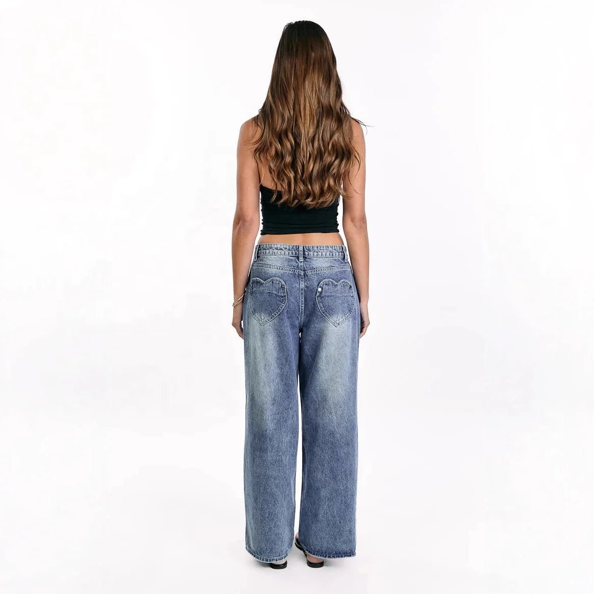 New Vintage Washed Jeans Women's Heart Embroidered Back Pocket Loose Wide Leg Trendy Baddie Denim Pants - Zeprah
