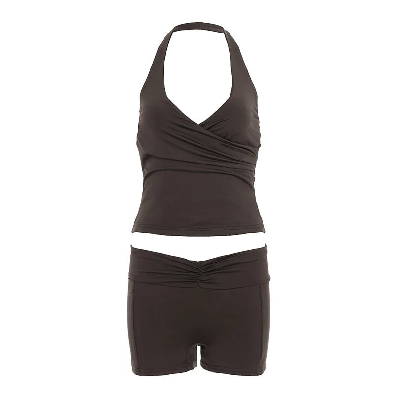 New Women 2 Piece Set V Neck Halter Crop Top Shorts Knee Skinny Knitting Casual Breathable Quick - Dry Spring/Summer - Zeprah