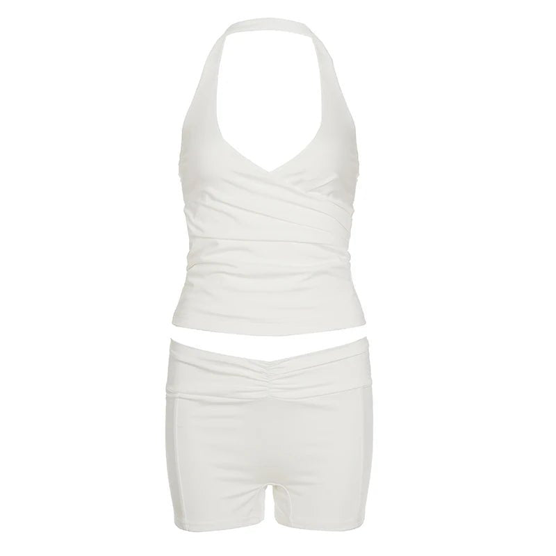New Women 2 Piece Set V Neck Halter Crop Top Shorts Knee Skinny Knitting Casual Breathable Quick - Dry Spring/Summer - Zeprah