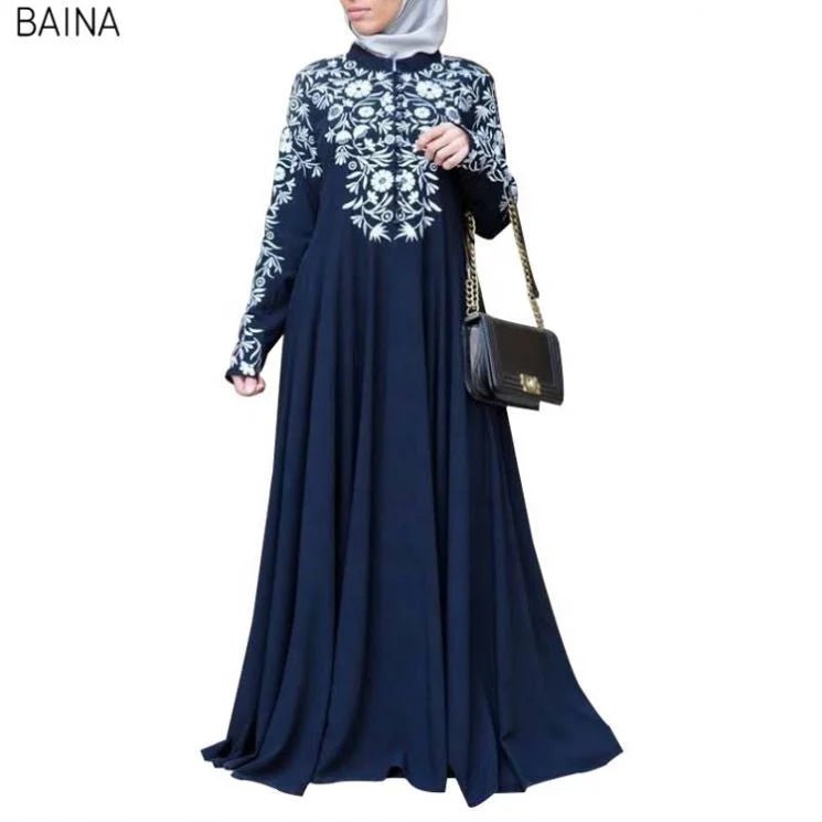 New Women Muslim Long Sleeves Stand Collar Elegant Maxi Dress - Zeprah