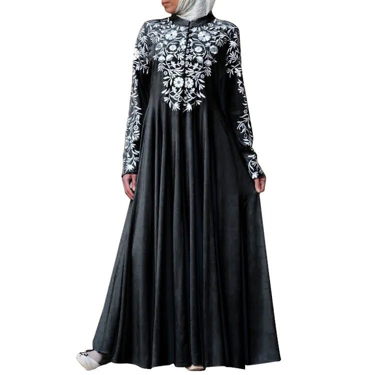 New Women Muslim Long Sleeves Stand Collar Elegant Maxi Dress - Zeprah