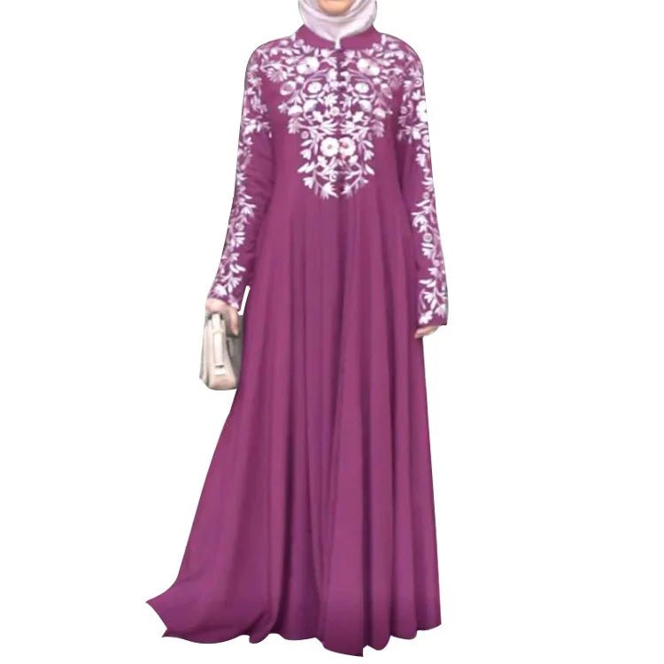 New Women Muslim Long Sleeves Stand Collar Elegant Maxi Dress - Zeprah