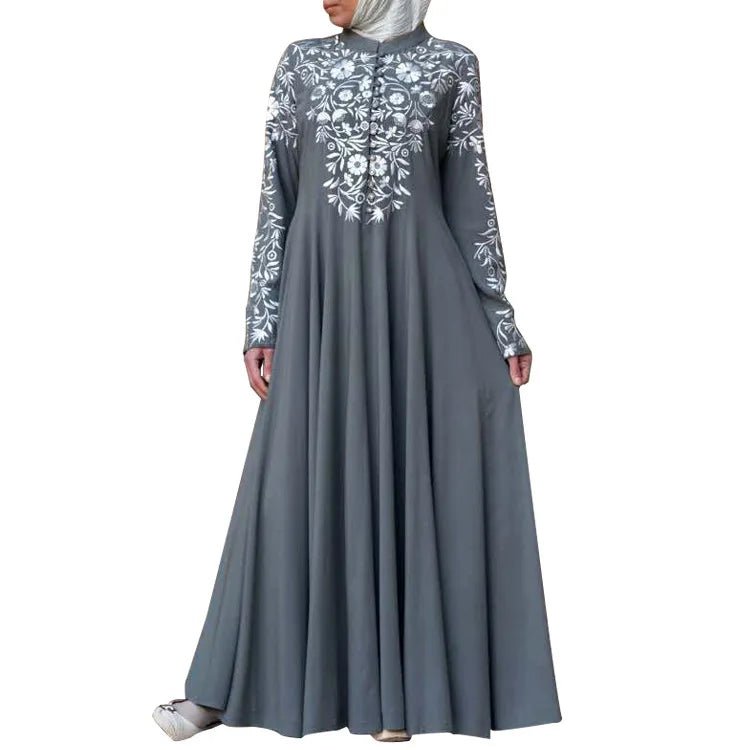 New Women Muslim Long Sleeves Stand Collar Elegant Maxi Dress - Zeprah