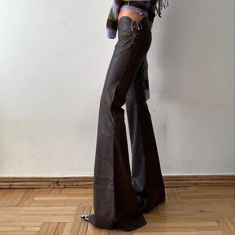 New Women's Brown PU Patchwork Vintage Korean Fashion Skinny Trousers Drawstring Waist - Zeprah