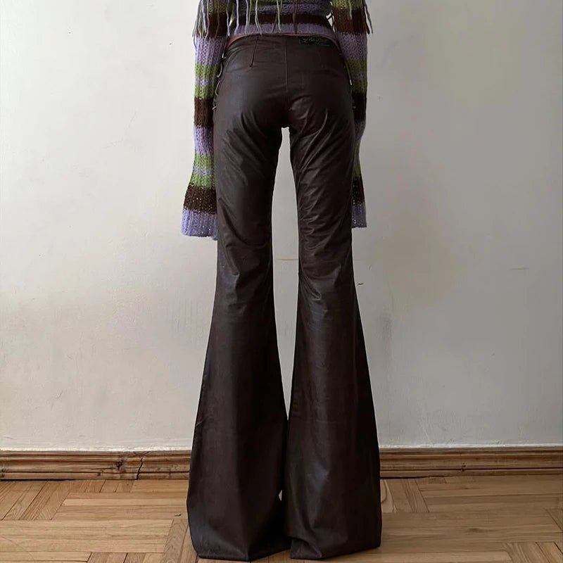 New Women's Brown PU Patchwork Vintage Korean Fashion Skinny Trousers Drawstring Waist - Zeprah