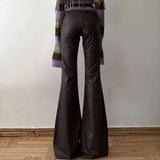 New Women's Brown PU Patchwork Vintage Korean Fashion Skinny Trousers Drawstring Waist - Zeprah