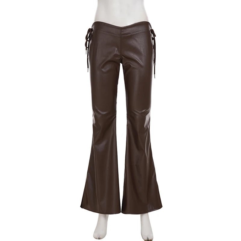 New Women's Brown PU Patchwork Vintage Korean Fashion Skinny Trousers Drawstring Waist - Zeprah