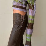 New Women's Brown PU Patchwork Vintage Korean Fashion Skinny Trousers Drawstring Waist - Zeprah