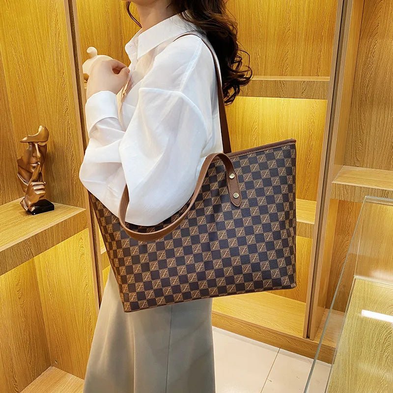 New Women's High - end City Dweller Tote Bag Student Large Capacity Zipper Shoulder Bag PU Polyester Lining Checkerboard Handbag - Zeprah