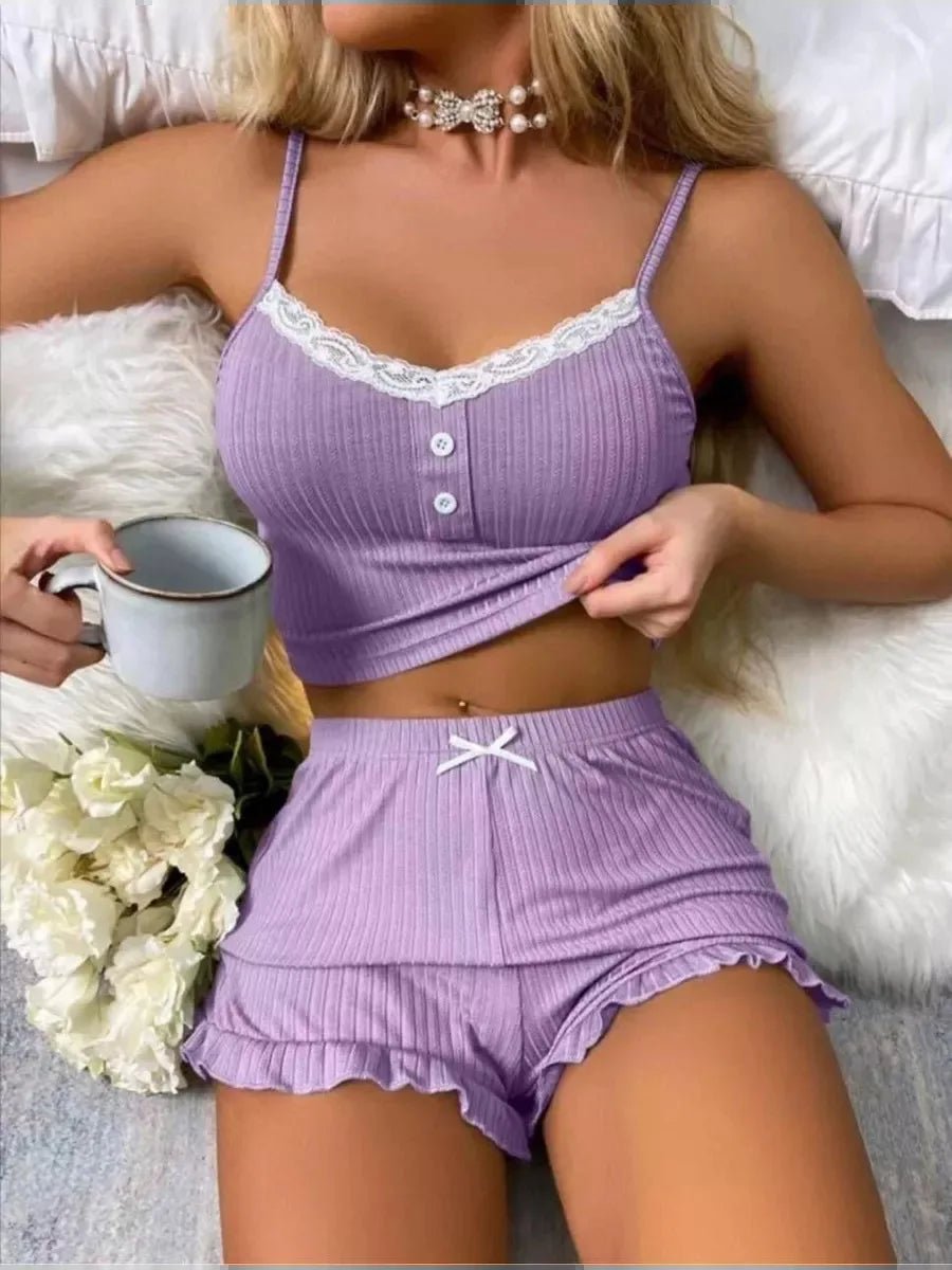 New Women's Homewear Set Sexy Lace Trim Camisole Shorts Nightgowns Two - Piece - Zeprah