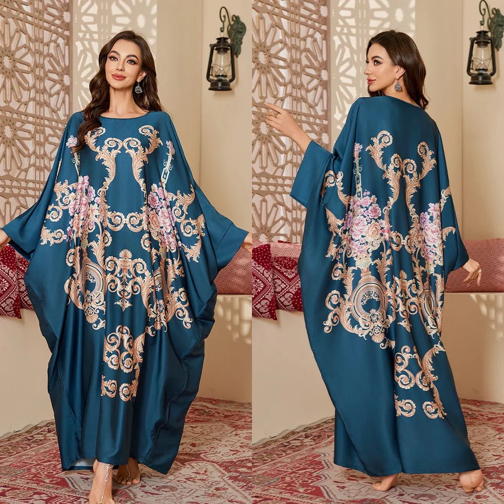 New Women's Luxurious Printed Satin Nightdress Autumn Spring Middle Eastern Style Long Loose - Zeprah