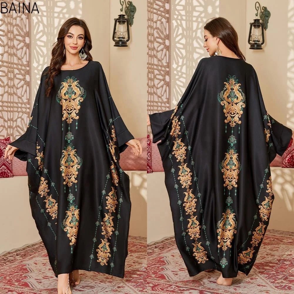 New Women's Luxurious Printed Satin Nightdress Autumn Spring Middle Eastern Style Long Loose - Zeprah