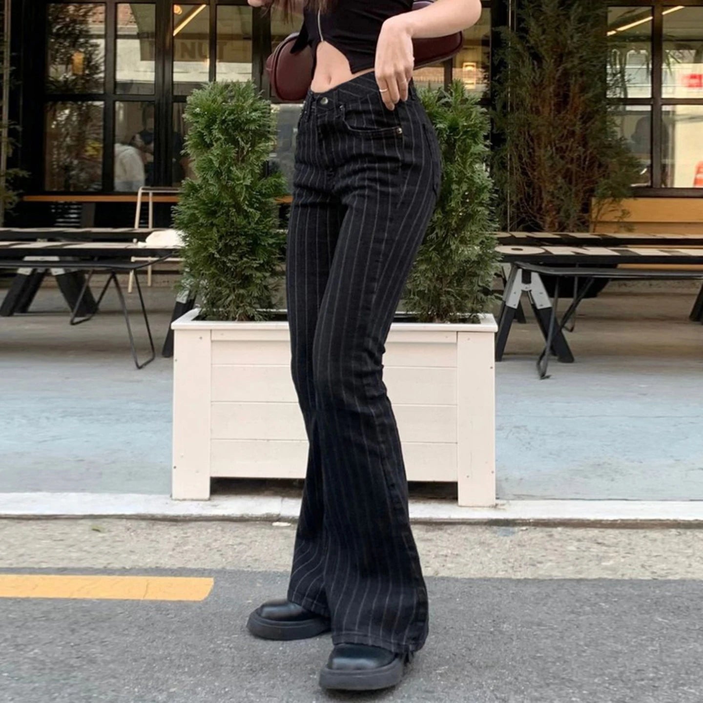 New Women's Mid Flat Straight Leg Eco - Friendly Vintage Patchwork Trousers Black Retro Dress Pants Office High Quality - Zeprah