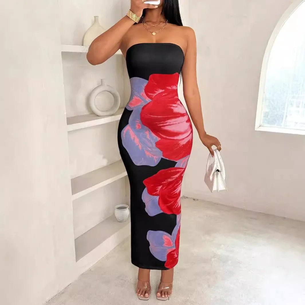 New Women's Slim Fit off Shoulder Contrasting Floral Print Elegant and Fashionable Dress - Zeprah