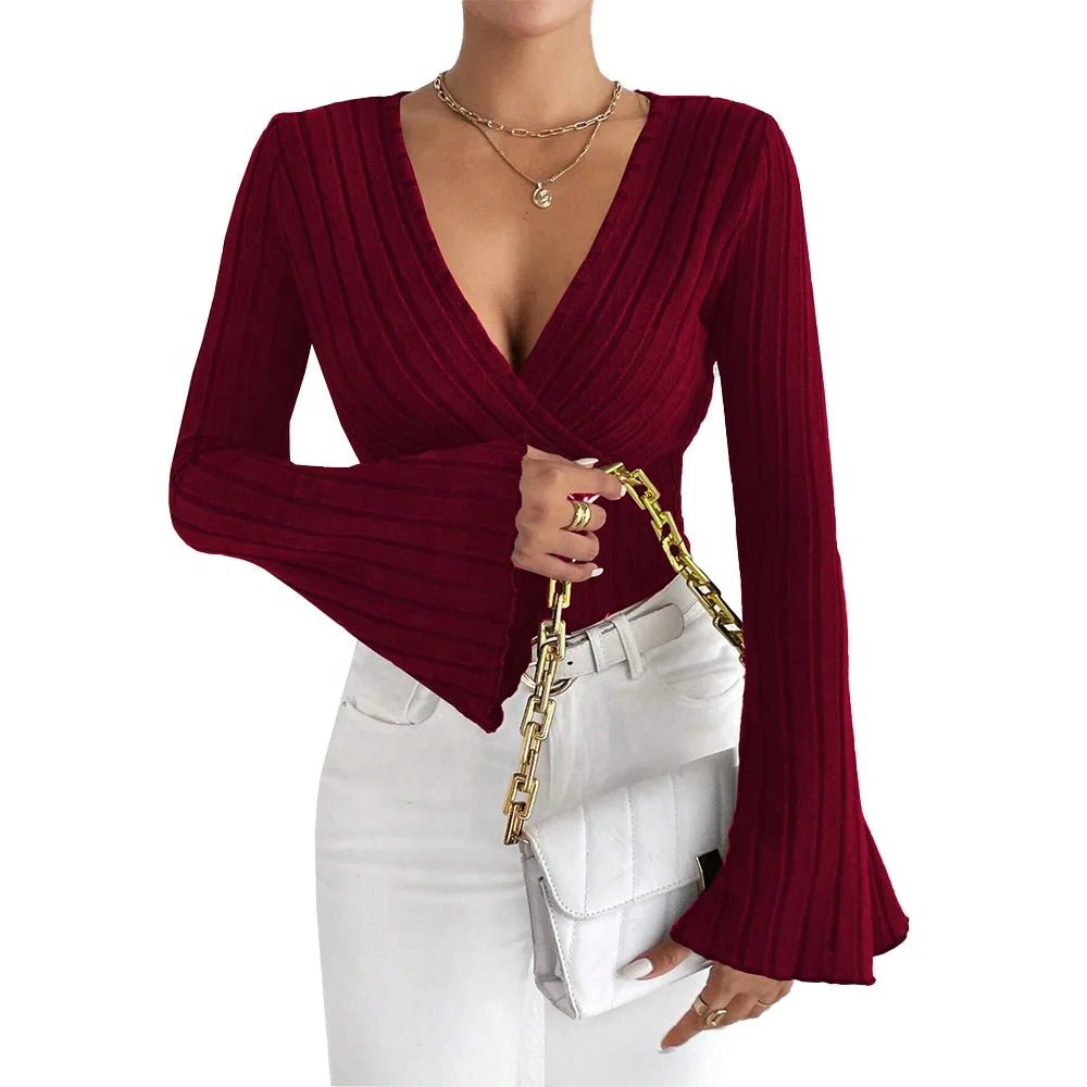 New Women's V - neck Horn Sleeve Wine Red T-shirt Fall/Winter Slim Fit Base Shirt Top - Zeprah