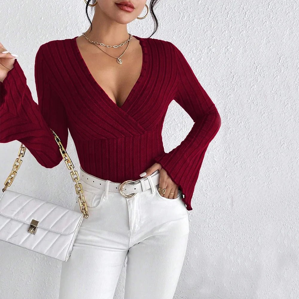 New Women's V - neck Horn Sleeve Wine Red T-shirt Fall/Winter Slim Fit Base Shirt Top - Zeprah