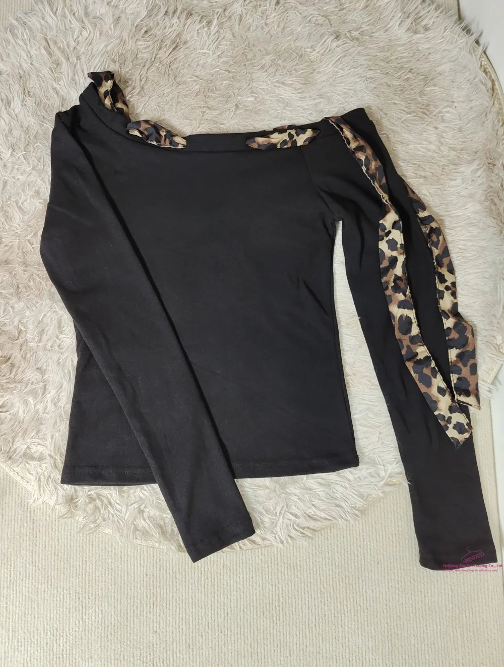 Oblique Shoulder Base Top Vintage Crop Top Leopard Print Bow Long Sleeve T-shirt - Zeprah