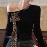 Oblique Shoulder Base Top Vintage Crop Top Leopard Print Bow Long Sleeve T-shirt - Zeprah
