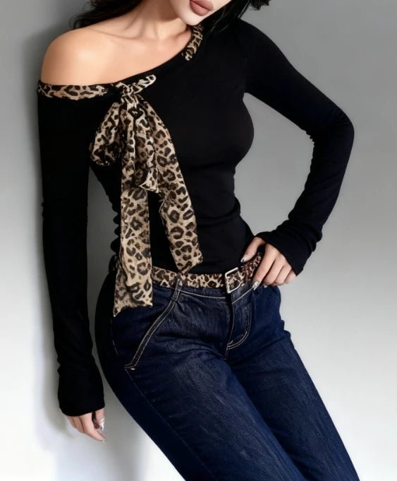 Oblique Shoulder Base Top Vintage Crop Top Leopard Print Bow Long Sleeve T-shirt - Zeprah