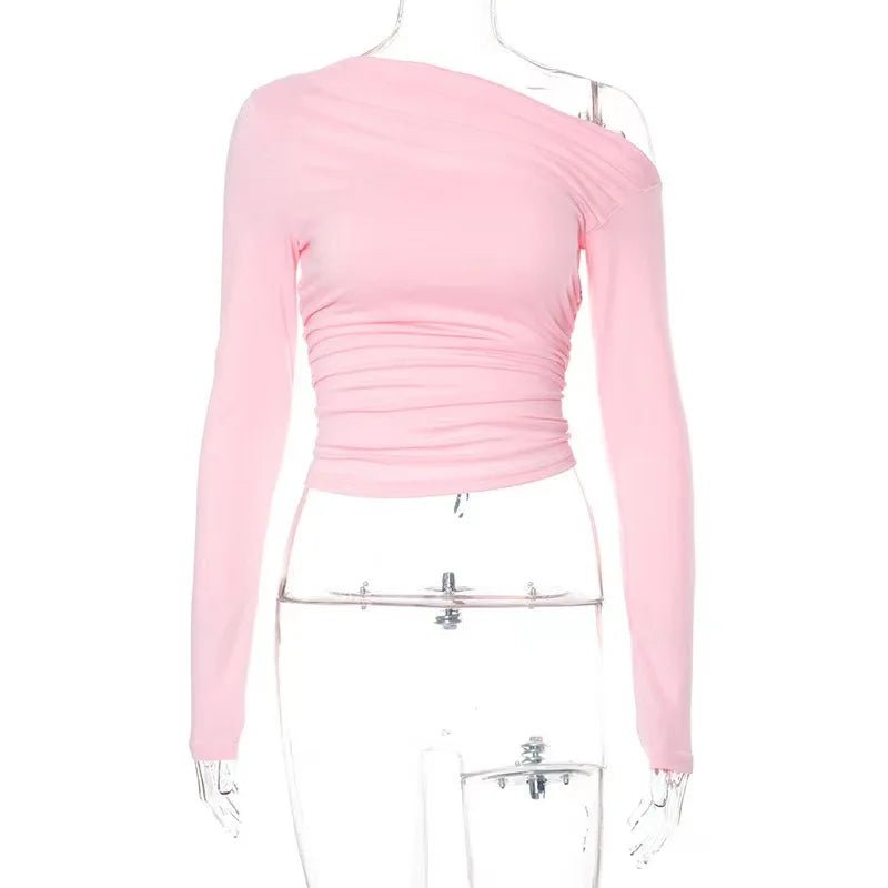 Oblique Shoulder Long - sleeved Top Dissymmetry Crop Top Slim - fit Long - sleeved T-shirts - Zeprah