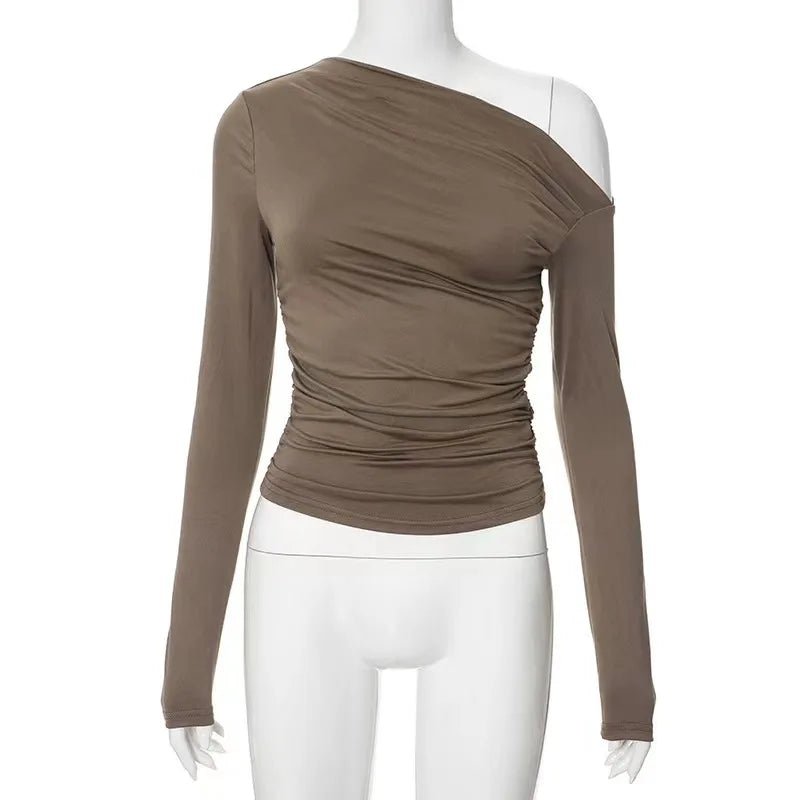 Oblique Shoulder Long - sleeved Top Dissymmetry Crop Top Slim - fit Long - sleeved T-shirts - Zeprah