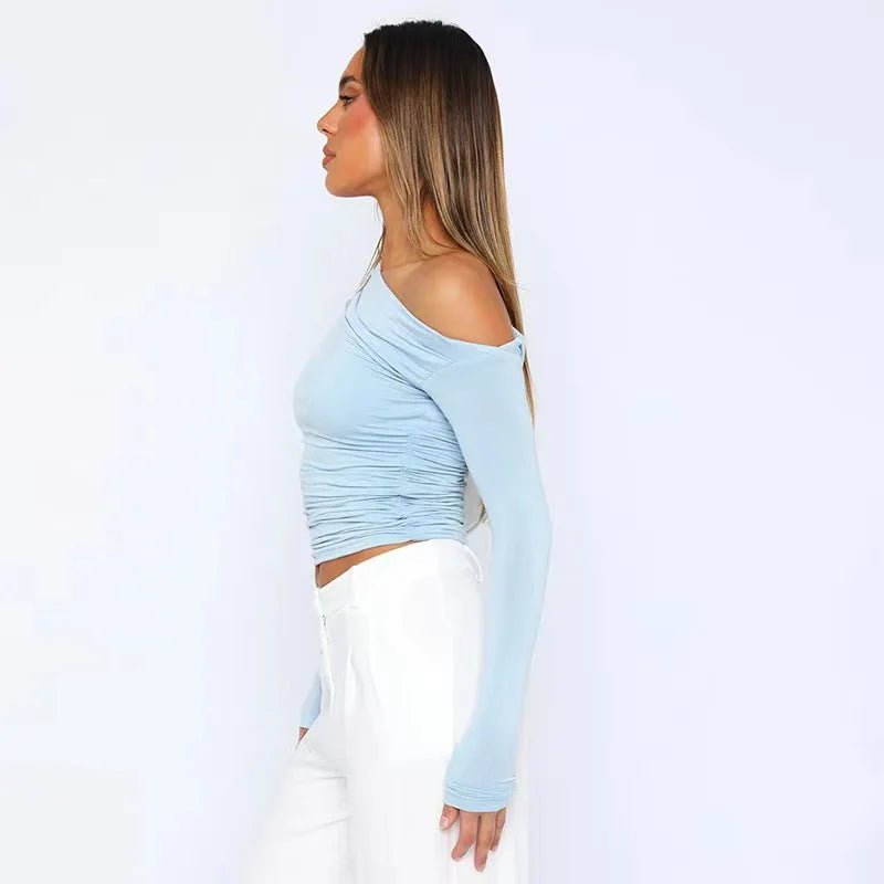 Oblique Shoulder Long - sleeved Top Dissymmetry Crop Top Slim - fit Long - sleeved T-shirts - Zeprah