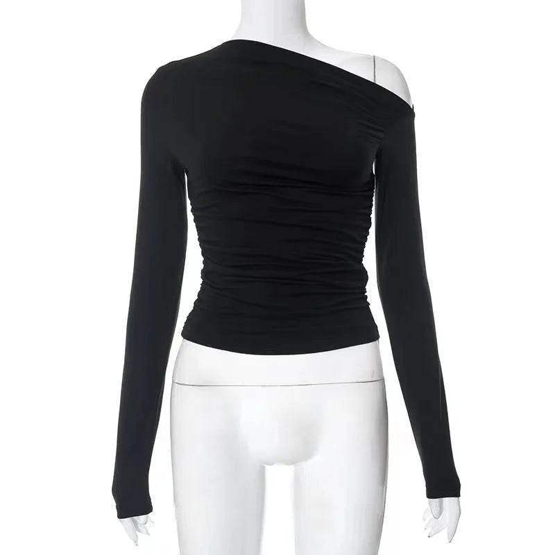 Oblique Shoulder Long - sleeved Top Dissymmetry Crop Top Slim - fit Long - sleeved T-shirts - Zeprah