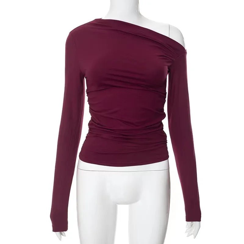 Oblique Shoulder Long - sleeved Top Dissymmetry Crop Top Slim - fit Long - sleeved T-shirts - Zeprah