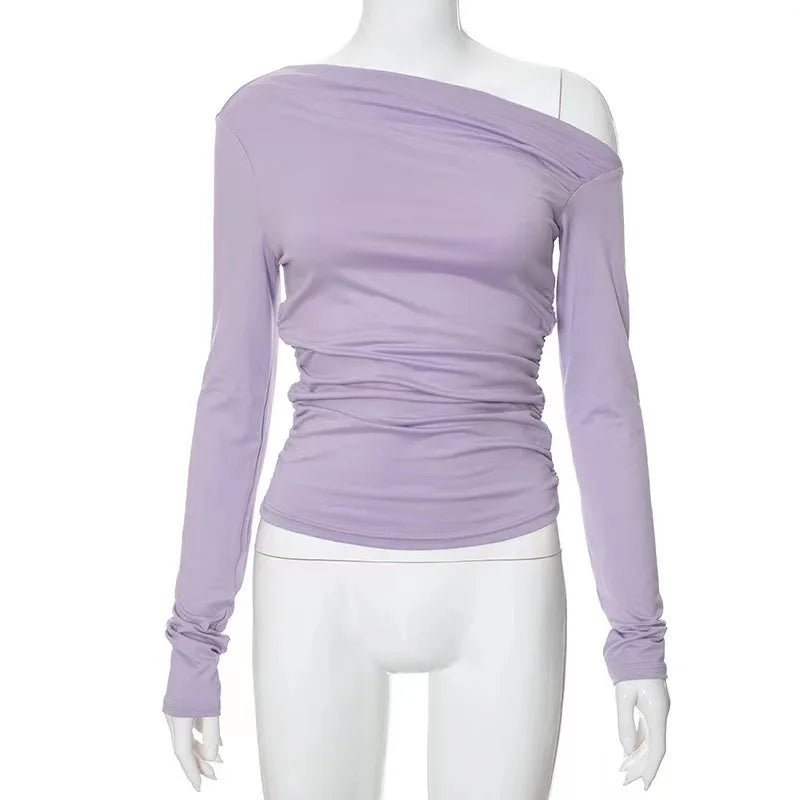 Oblique Shoulder Long - sleeved Top Dissymmetry Crop Top Slim - fit Long - sleeved T-shirts - Zeprah