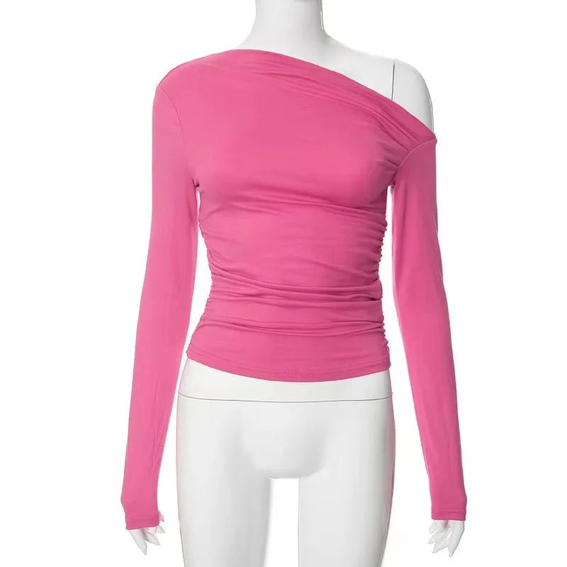 Oblique Shoulder Long - sleeved Top Dissymmetry Crop Top Slim - fit Long - sleeved T-shirts - Zeprah