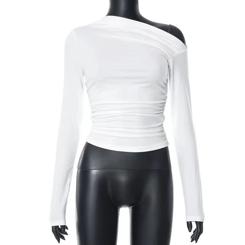 Oblique Shoulder Long - sleeved Top Dissymmetry Crop Top Slim - fit Long - sleeved T-shirts - Zeprah