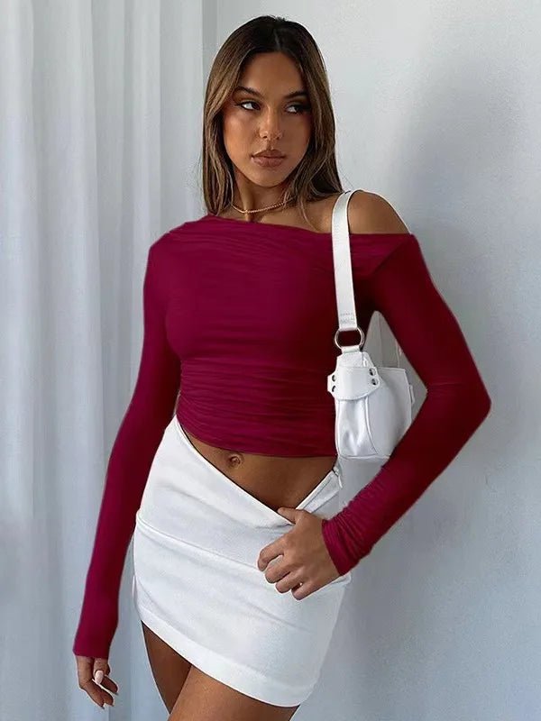 Oblique Shoulder Long - sleeved Top Dissymmetry Crop Top Slim - fit Long - sleeved T-shirts - Zeprah