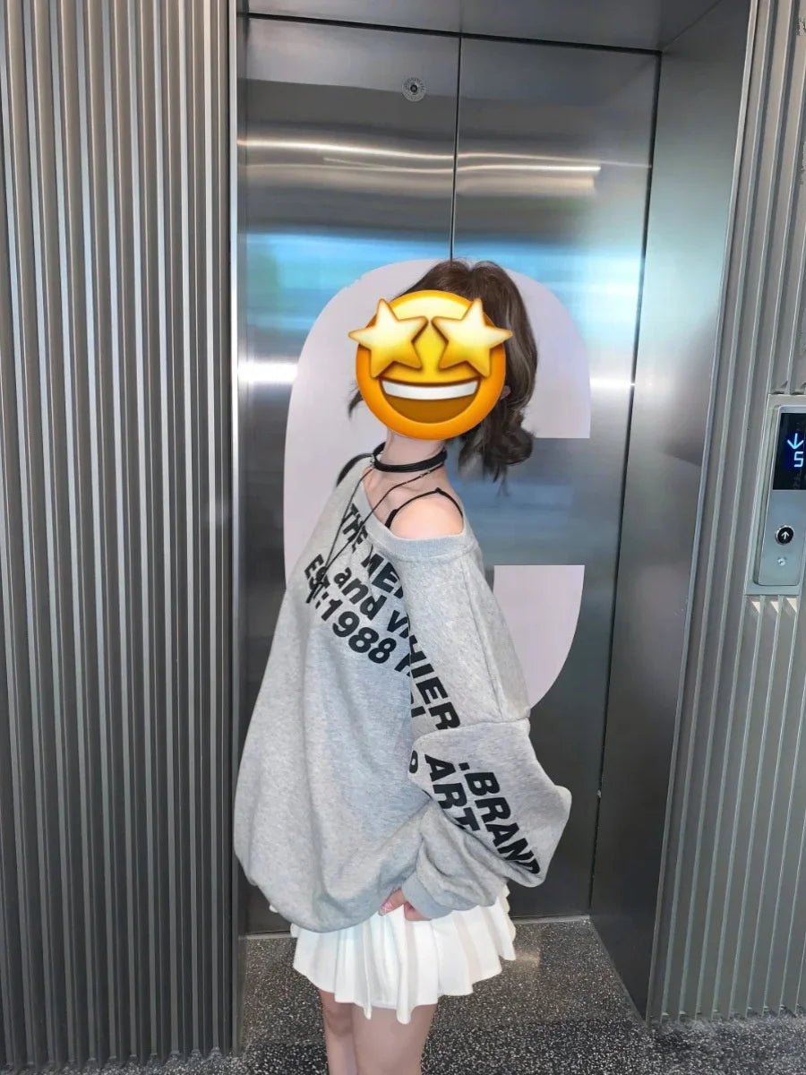 Oblique Shoulder Printed Loose - fit Long - sleeved Hoodie Long Sleeve Base Shirt - Zeprah