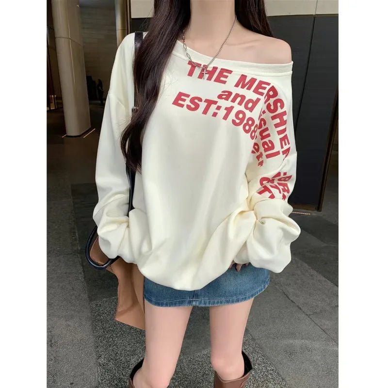 Oblique Shoulder Printed Loose - fit Long - sleeved Hoodie Long Sleeve Base Shirt - Zeprah