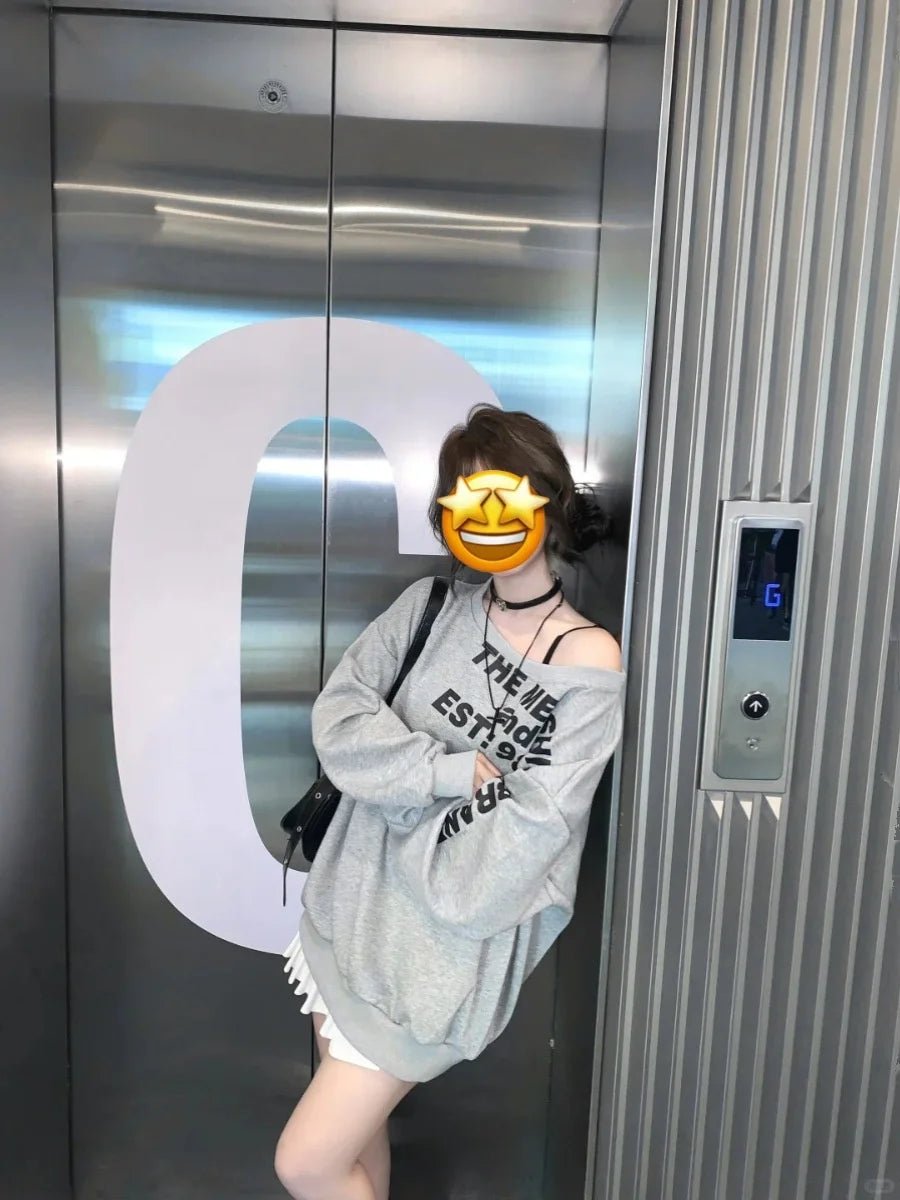 Oblique Shoulder Printed Loose - fit Long - sleeved Hoodie Long Sleeve Base Shirt - Zeprah